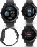 Garmin Fenix E – 47 公釐,AMOLED,高級多運動 GPS 智慧型手錶,長效電池壽命,板岩灰色鋼,帶黑色矽膠錶帶,附可穿戴式4U 白色耳塞組