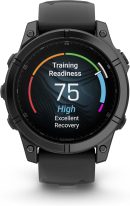 Garmin Fenix E – 47 公釐,AMOLED,高級多運動 GPS 智慧型手錶,長效電池壽命,板岩灰色鋼,帶黑色矽膠錶帶,附可穿戴式4U 白色耳塞組
