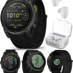 Wearable4U Garmin Enduro 3 – 51 公釐,太陽能、藍寶石、超高性能 GPS 智慧型手錶,碳灰色 DLC 鈦金屬搭配黑色 UltraFit 尼龍錶帶白色耳塞組