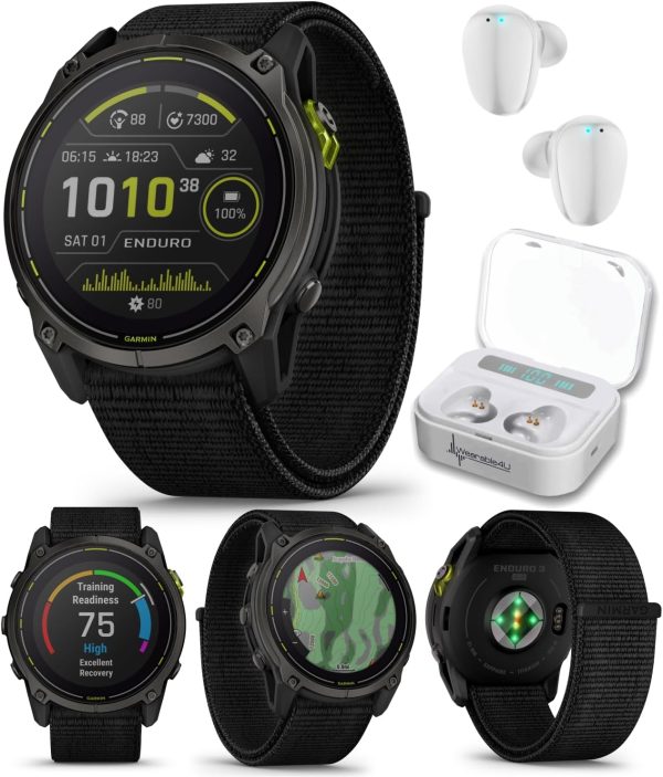 Wearable4U Garmin Enduro 3 – 51 公釐,太陽能、藍寶石、超高性能 GPS 智慧型手錶,碳灰色 DLC 鈦金屬搭配黑色 UltraFit 尼龍錶帶白色耳塞組
