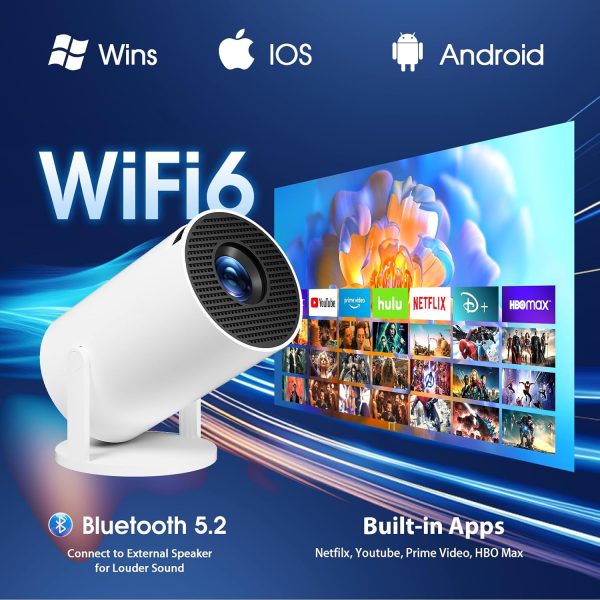 迷你投影機 附 WiFi 和藍牙 內建應用程式 智慧型投影機 支援 4K 1080P FHD 180° 可調式自動梯形 相容於 HDMI/電視棒/記憶棒/筆記型電腦,白色 - Image 4