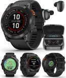 Wearable4U Garmin Fenix 7X Pro 太陽能版 (無 Wi-Fi) 智慧型手錶,板岩灰色附黑色錶帶,1.4 吋顯示器,內建手電筒黑色耳塞組