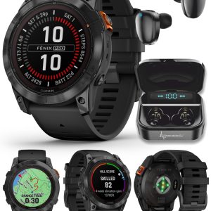 Wearable4U Garmin Fenix 7X Pro 太陽能版 (無 Wi-Fi) 智慧型手錶,板岩灰色附黑色錶帶,1.4 吋顯示器,內建手電筒黑色耳塞組