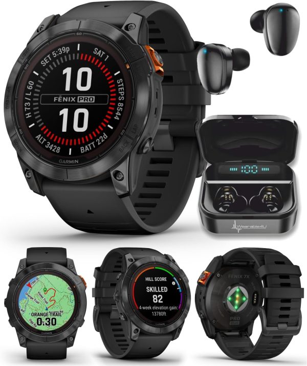 Wearable4U Garmin Fenix 7X Pro 太陽能版 (無 Wi-Fi) 智慧型手錶,板岩灰色附黑色錶帶,1.4 吋顯示器,內建手電筒黑色耳塞組