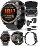 Wearable4U Garmin Fenix 8 Pro - 51 公釐 AMOLED 藍寶石高級連接多項運動 GPS 智慧型手錶,inReach 技術,鈦合金附石墨/黑色矽膠錶帶附黑色耳塞組