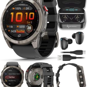 Wearable4U Garmin Fenix 8 Pro - 51 公釐 AMOLED 藍寶石高級連接多項運動 GPS 智慧型手錶,inReach 技術,鈦合金附石墨/黑色矽膠錶帶附黑色耳塞組