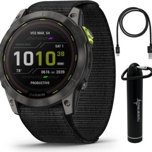 Wearable4U - Garmin Enduro 2 智慧型手錶,碳灰色 DLC 鈦金屬,附黑色尼龍錶帶,長效的 GPS 電池壽命,太陽能充電,預載地圖,附電子銀行套組