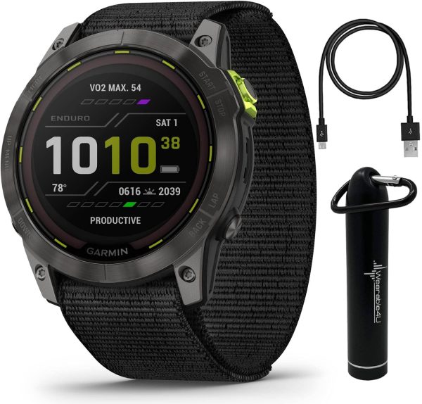 Wearable4U - Garmin Enduro 2 智慧型手錶,碳灰色 DLC 鈦金屬,附黑色尼龍錶帶,長效的 GPS 電池壽命,太陽能充電,預載地圖,附電子銀行套組