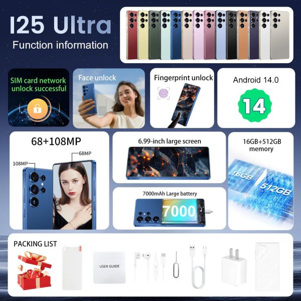 I25 Ultra 智慧型手機 16GB+512GB Android 14 智慧型手機 7 吋 FHD+ 顯示器 7000mAh 電池 108MP + 68MP 雙相機 內建筆式觸控筆,高效能大記憶體 (藍色) - Image 6