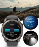 Wearable4U Garmin Fenix 8 Pro - 51 公釐 AMOLED 藍寶石高級連接多項運動 GPS 智慧型手錶,inReach 技術,鈦合金附石墨/黑色矽膠錶帶附黑色耳塞組