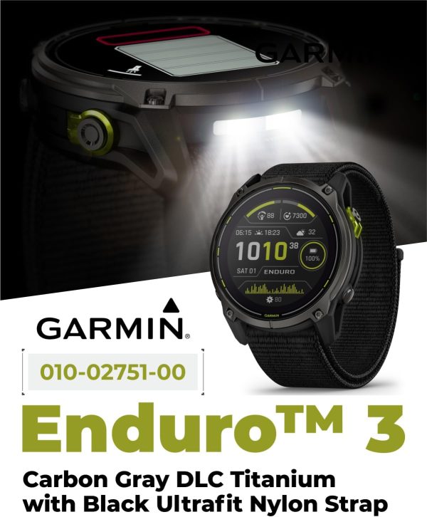 Wearable4U Garmin Enduro 3 – 51 公釐,太陽能、藍寶石、超高性能 GPS 智慧型手錶,碳灰色 DLC 鈦金屬搭配黑色 UltraFit 尼龍錶帶白色耳塞組 - Image 2