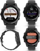Garmin Fenix E – 47 公釐,AMOLED,高級多運動 GPS 智慧型手錶,長效電池壽命,板岩灰色鋼,帶黑色矽膠錶帶,附可穿戴式4U 白色耳塞組