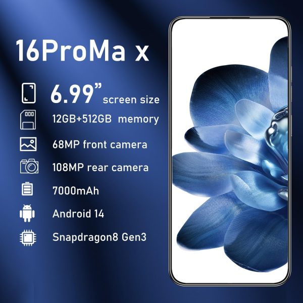 16PROMA X 智慧型手機 全新升級 12GB+512GB/7 吋顯示器 68+108MP 變焦相機,鋼化玻璃表面處理,7000mAh Android 14 智慧型手機(沙漠鈦) - Image 6