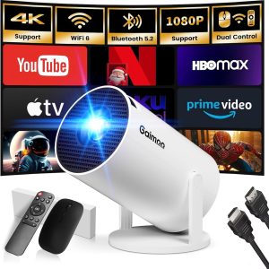 迷你投影機 附 WiFi 和藍牙 內建應用程式 智慧型投影機 支援 4K 1080P FHD 180° 可調式自動梯形 相容於 HDMI/電視棒/記憶棒/筆記型電腦,白色