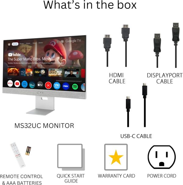 ASUS 華碩 ZenScreen 31 吋 4K USB-C 智慧型顯示器 (MS32UC) - UHD (3840 x 2160) IPS、98% DCI-P3、GoogleTV、Harman Kardon 喇叭、USB-C (90W PD)、無線顯示器、Netflix 和 YouTube,3 年保固 - Image 7