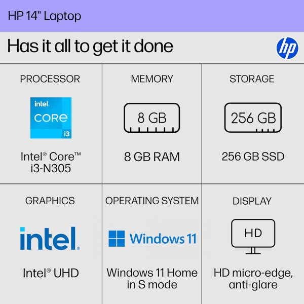 HP 14 吋筆記型電腦,HD 顯示器,Intel Core i3-N305,8 GB RAM,256 GB SSD,Intel UHD Graphics,Windows 11 Home in S 模式,天然銀色,14-ep0299nr - Image 2