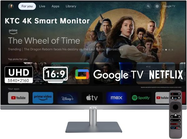 KTC 32 吋 4K 智慧型顯示器,Google System UHD (3840x 2160) 智慧型顯示器,附揚聲器,Netflix 授權,Type-C 65W PD,無線顯示,HDR,藍牙,Hey Google Voice Remote,VESA 支援,A32Q8