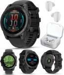 Garmin Fenix E – 47 公釐,AMOLED,高級多運動 GPS 智慧型手錶,長效電池壽命,板岩灰色鋼,帶黑色矽膠錶帶,附可穿戴式4U 白色耳塞組