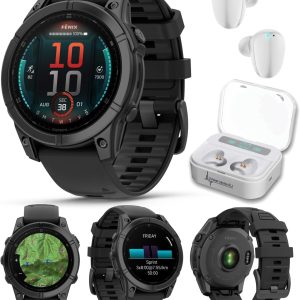 Garmin Fenix E – 47 公釐,AMOLED,高級多運動 GPS 智慧型手錶,長效電池壽命,板岩灰色鋼,帶黑色矽膠錶帶,附可穿戴式4U 白色耳塞組