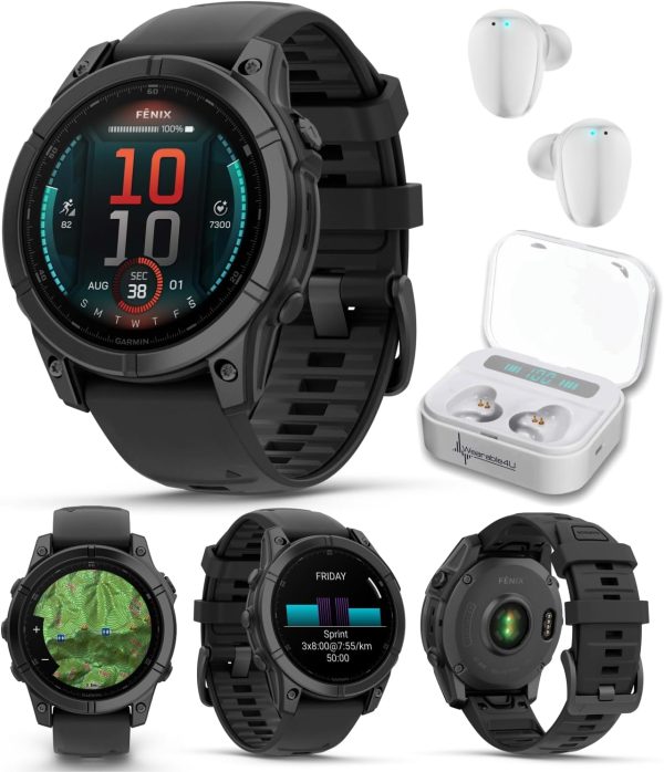 Garmin Fenix E – 47 公釐,AMOLED,高級多運動 GPS 智慧型手錶,長效電池壽命,板岩灰色鋼,帶黑色矽膠錶帶,附可穿戴式4U 白色耳塞組