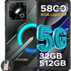 DOODEE Blade GT Pro 5G 堅固型手機,附 LED 燈光效果,32GB+512GB/2TB 堅固智慧型手機,7 吋 FHD+120Hz,5800 mAh Android 手機,100MP+32MP AI 相機/臉部和手指識別/NFC,黑色