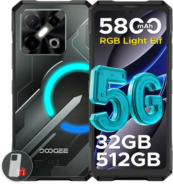 DOODEE Blade GT Pro 5G 堅固型手機,附 LED 燈光效果,32GB+512GB/2TB 堅固智慧型手機,7 吋 FHD+120Hz,5800 mAh Android 手機,100MP+32MP AI 相機/臉部和手指識別/NFC,黑色