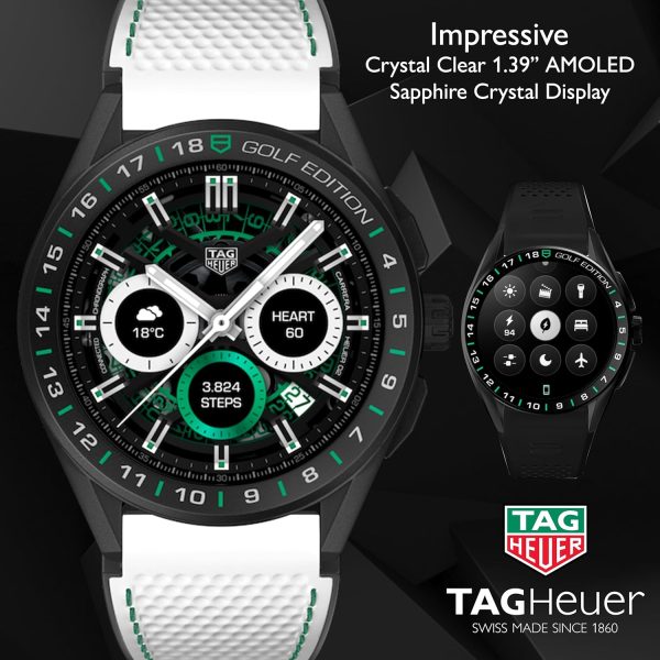 TAG Heuer 智慧型手錶,健身手錶,連接機芯 E4 45 公釐高爾夫版,觸控螢幕,防水,通話,簡訊,步數,心率,健康,鈦合金,白色或黑色/綠色錶帶,SBR8A81.EB0251 - Image 2