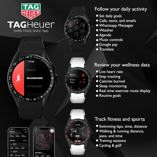 TAG Heuer 智慧型手錶,健身手錶,連接機芯 E4 45 公釐高爾夫版,觸控螢幕,防水,通話,簡訊,步數,心率,健康,鈦合金,白色或黑色/綠色錶帶,SBR8A81.EB0251 - Image 3