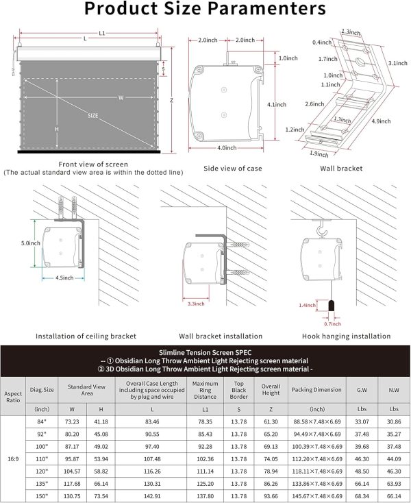 VIVIDSTORM-投影螢幕,3D 黑曜石長焦點 ALR Slimline 電動辦公室簡報,相容於 1800ANSI 標準投射投影機,VMSLALR120H-3D - Image 7