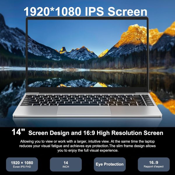 2025 筆記型電腦 14 吋 Win 11 256GB SSD 高達 1TB SSD 擴充筆記型電腦 Celeron N4020 高達 2.8Ghz 1920x1080 FHD 雙 WiFi BT4.2 附網路攝影機 鍵盤 保護飛翼 適用於商務學生 - 銀色 - Image 4