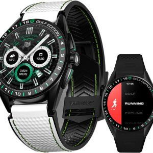 TAG Heuer 智慧型手錶,健身手錶,連接機芯 E4 45 公釐高爾夫版,觸控螢幕,防水,通話,簡訊,步數,心率,健康,鈦合金,白色或黑色/綠色錶帶,SBR8A81.EB0251