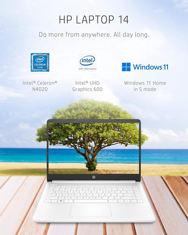 HP 14 筆記型電腦,Intel Celeron N4020,4 GB RAM,64 GB 儲存空間,14 吋微邊緣高清顯示器,Windows 11 家用,輕薄便攜,4K 圖形,Microsoft 365 一年(14-dq0040nr,雪花白) - Image 2