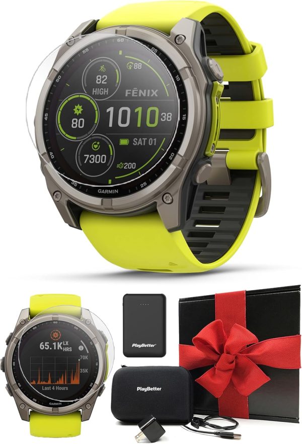 Garmin Fenix 8 太陽能藍寶石(51 毫米,鈦/安培黃色)多運動 GPS 智慧型手錶禮盒組 - 1.4 吋觸控螢幕,內建 LED 手電筒,附 PlayBetter 充電器、螢幕、轉接器、保護套