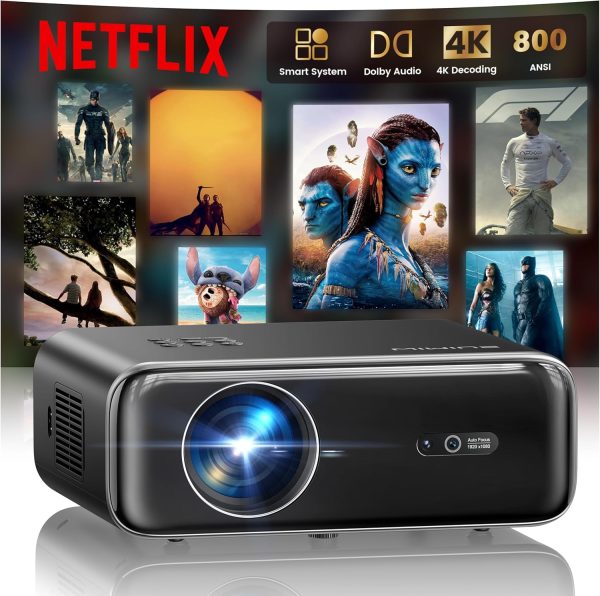 [Netflix 授權/支援 4K ] 智慧型戶外投影機 附 WiFi6 和藍牙,800ANSI 電影投影機 DoIby 音訊 帶雙喇叭 AI 自動對焦 內建應用程式 Proyector 升級 P62 Pro