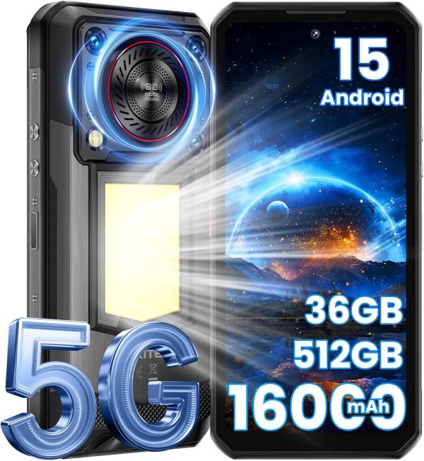 OUKITEL WP56 5G 堅固智慧型手機解鎖 - 36GB+512GB/2TB Android 15 堅固手機,16000mAh 電池,1000流明露營燈,7 吋 FHD+ 120Hz,108MP 相機,128dB 響亮喇叭防水,NFC/GPS /OTG