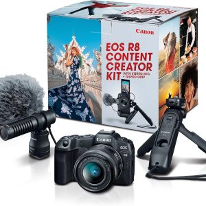 Canon 佳能 EOS R8 內容創作者套件,全片幅混合無反光鏡相機,附三腳架和立體聲麥克風,2420 萬像素 CMOS 影像感應器,4K 視訊,RF 安裝,影音網誌相機,黑色